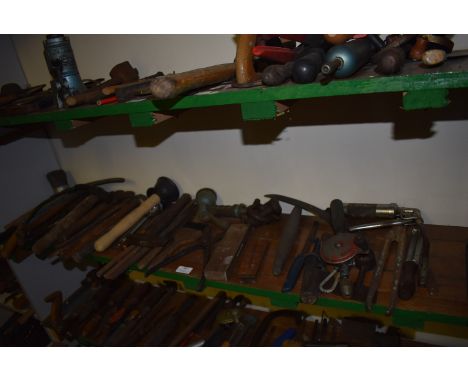 Shelf of Assorted Tools; Hammers, Plunger, Hand Scythe, etc.