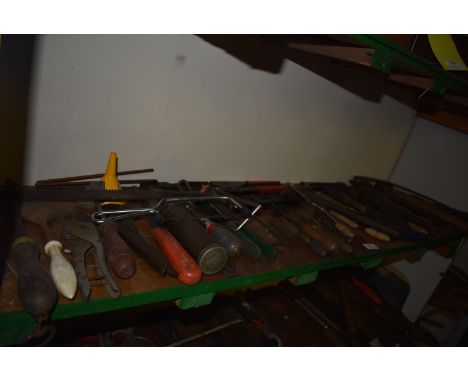 Shelf of Assorted Tools; Snips, Junior Hacksaws, Spirit Level, Tap Hammers, etc.