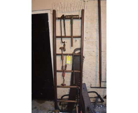Wooden Six Rung Ladder, Rake, Hand Drills, Crowbar, etc.