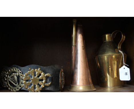 Copper &amp; brass bugle, belt of horse brasses, and brass jug by Orme Evans &amp; Co. Wolverhampton c. 1900