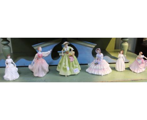 A Royal Worcester ceramic figure, "Spring Morn" modelled by F G Doughty, together with five Royal Doulton china ladies, two i