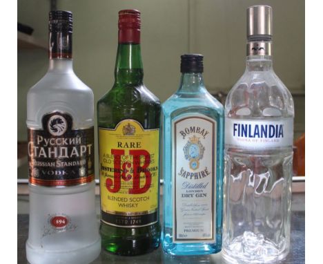 Justerini & Brooks Rare blended Scotch Whisky, 1 bottle PYCCKNN Ctahoapt Vodka, 1 bottle Finlandia vodka, 1 bottle Bombay Sap