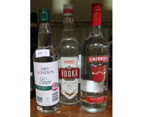 Smirnof Vokda, 1 bottle Safeway Vodka, 1 bottle London Dry Gin, 1 bottle