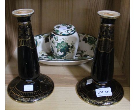 A pair of Noritake ceramic candlesticks, gilded on an ebonised ground, 20cm high, together with a Masons Ironstone Chartreuse