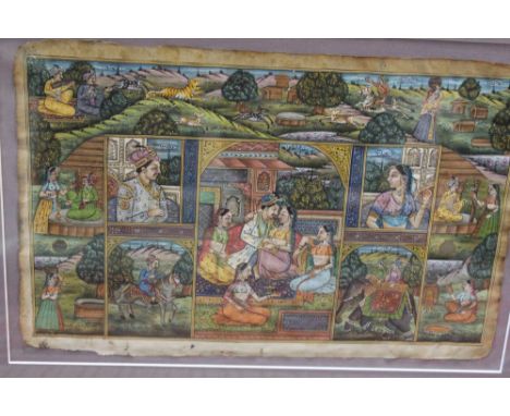 An Indian miniature, illumination, depicts courtly and hunting scenes, hand painted and gilded on paper, 20cm x 33cm, framed,