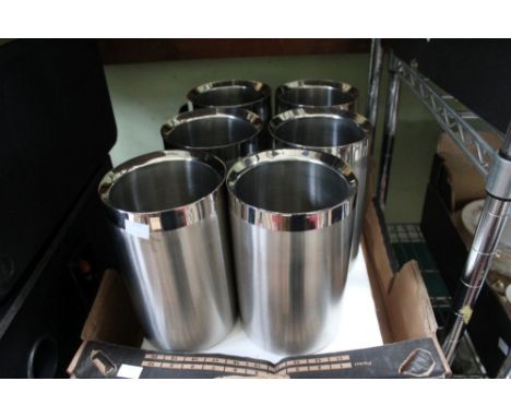 A set of glasses with hunting scene decoration, six stainless steel wine coolers and various ceramics