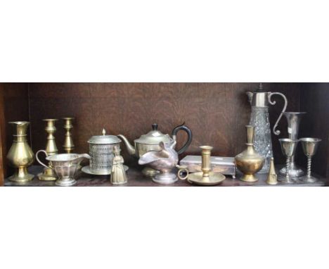 A shelf of a good selection of metalwares, to include brass, silver plate, etc.