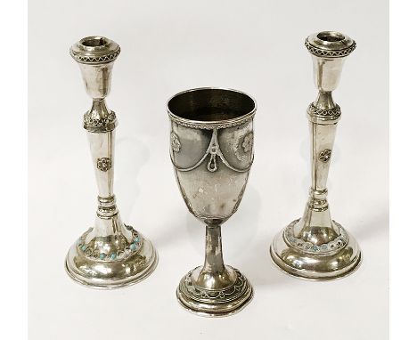 PAIR OF 800 SILVER CANDLESTICKS &amp; GOBLET - CANDLESTICK HEIGHT 17.5CM, DEPTH 6.5CM, WIDTH 3CM &amp; WEIGHT EACH 36.4 GRAMS