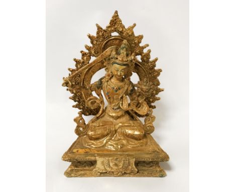 GILT BRONZE BUDDHIST FIGURE - HEIGHT 17.5CM, WIDTH 12.5CM &amp; DEPTH 8CM