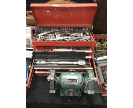 RED TOOL BOX &amp; CONTENTS &amp; BENCH GRINDER