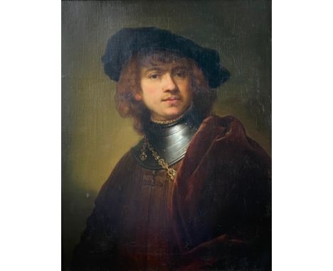 Rodolfo Paoletti 1866-1940. Italian. Oil on canvas. “Rembrandt Self-portrait”. Inscribed on the reverse.  Measures 55cm x 69c