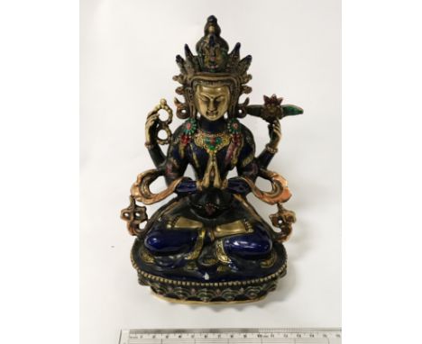BLUE ENAMEL &amp; BRONZE BUDDHIST FIGURE - HEIGHT 21.5CM, WIDTH 13.5CM &amp; DEPTH 9.5CM