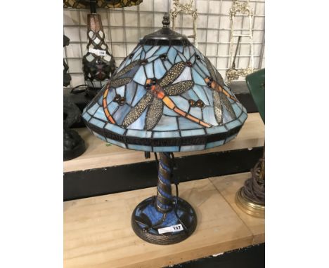 BLUE DRAGONFLY TIFFANY STYLE LAMP - 60CM HEIGHT, 40CM WIDTH (SHADE) &amp; 19CM DEPTH (BASE)