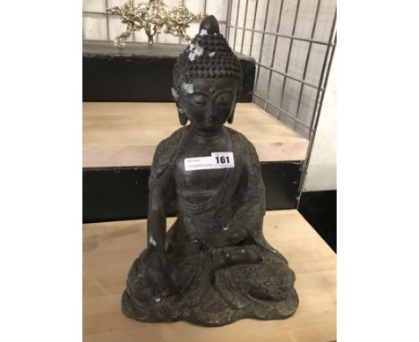 LARGE BRONZE SEATED BUDDHIST FIGURE - HEIGHT 38CM, WIDTH 34CM &amp; DEPTH 17CM
