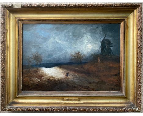 Georges Michel 1763-1843. French. Oil on substantial panel. “Landscape with a Figure and Windmill”. Signed lower right. Prove