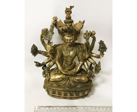 GILT BRONZE DEITY - HEIGHT 23.5CM, WIDTH 19.5CM &amp; DEPTH 8.5CM