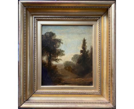Jean Baptiste Camille Corot 1796-1875. French. (Circle of). Oil on board. Barbizon Landscape with a Portrait of a Lady on the