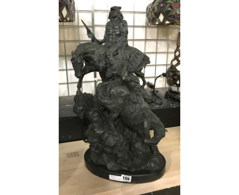 LARGE BRONZE INDIAN &amp; HORSE GROUP - 55CM HEIGHT, 16CM WIDTH &amp; 26CM DEPTH