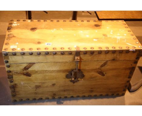 Large lidded pine trunk with metal nail studding to the outer of the trunk. Not available for in-house P&amp;P 
