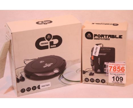 GPO Discman, portable CD player and GPO Personal FM cassette and radio player, both with earphones, manual and boxed. Not ava