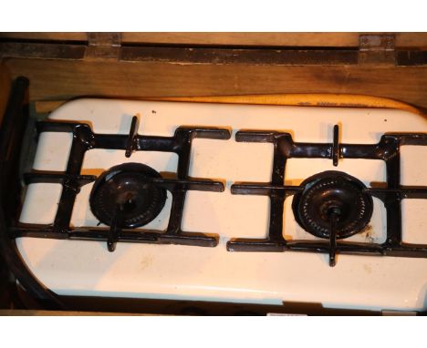 Vintage enamel finished double burner caravan/camping gas stove in wooden case. Not available for in-house P&amp;P 