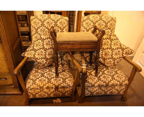 Pair of vintage oak upholstered fireside chairs and a piano stool. Not available for in-house P&amp;P 