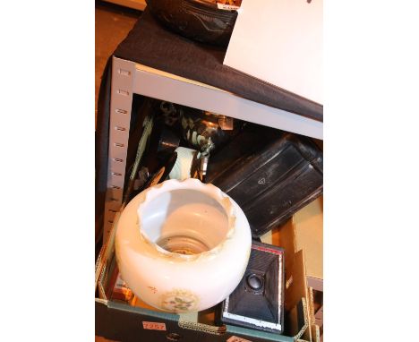 Mixed lot including glass shade and a vintage camera. Not available for in-house P&amp;P 