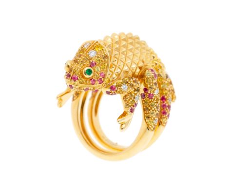 Boucheron, bague figurant un caméléon en or rose 750 serti de saphirs de couleur, d'émeraudes et de diamants taille brillant,