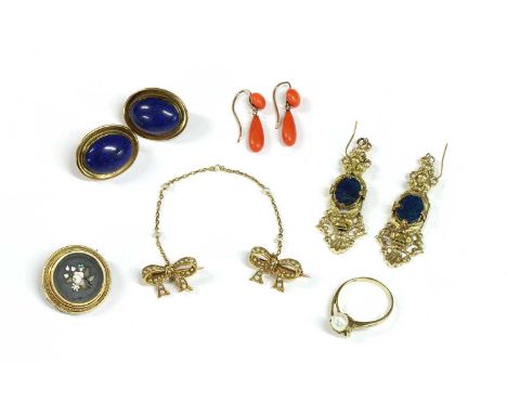 A collection of Victorian and later jewellery, to include a gold seed pearl cloak pin, with two bow brooches joined by a leng