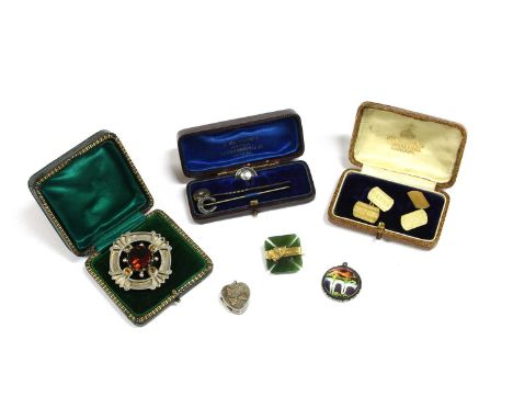 A collection of jewellery, to include a gold diamond set stick pin, tested as approximately 9ct gold, a silver horseshoe stic