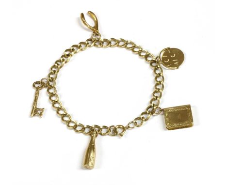 A 9ct gold charm bracelet, curb link bracelet with bolt ring clasp, hallmarked London 1972, suspending five charms, to includ