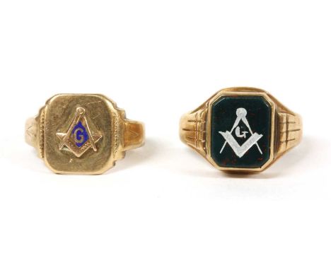 Two gold Masonic signet rings, one with bloodstone head inlaid with compass and set square, engraved to the inside of the sha