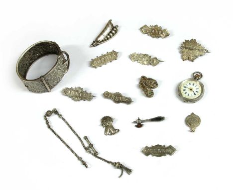 A collection of Victorian and later silver jewellery, to include a hollow sweetpea brooch tested as approximately silver with