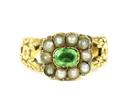 A Victorian gold paste and split pearl cluster ring, a green paste, spitch set, to surround of split pearls in clawed collets