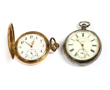 A gold lever set hunter pocket watch, 55mm diameter, with a white enamel dial marked 'The Lord Watch', black Arabic numerals 