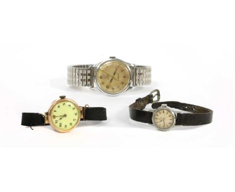 A ladies' 9ct gold mechanical strap watch, with gold cuvette, import hallmark Glasgow 1926, together with a ladies' stainless