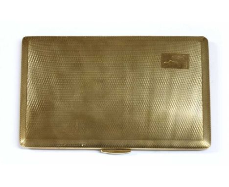 A 9ct gold cigarette case, by W T Toghill &amp; Co, with engine turned decoration and rectangular cartouche engraved with ini