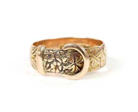 A 9ct gold buckle ring, with floral and foliate decoration, and a polished buckle and loop, Birmingham 1906, band 6mm wide, 3