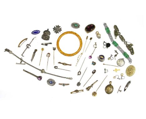 A collection of Victorian and later jewellery, to include a gold stick pin, the lyre shaped finial tested as approximately 18