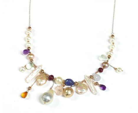 An Italian white gold cultured freshwater pearl and assorted gemstone necklace, with baroque and round cultured freshwater pe