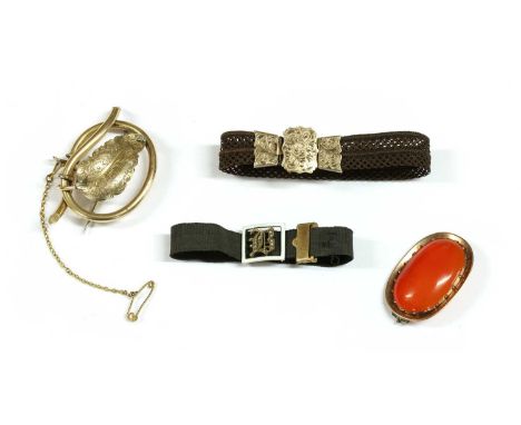 A collection of Victorian jewellery, to include a woven hair bracelet with gold end caps and box claps with hand engraved scr