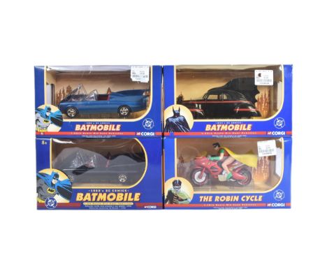 Batman - a collection of x4 Corgi DC Comics 1/24 scale diecast models. Including: 1940s DC Comics Batmobile, The Robin Cycle,