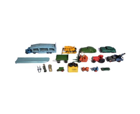 Diecast - a collection of vintage diecast model cars and x3 tinplate models. Diecast to include Dinky Toys 582 Car Transporte