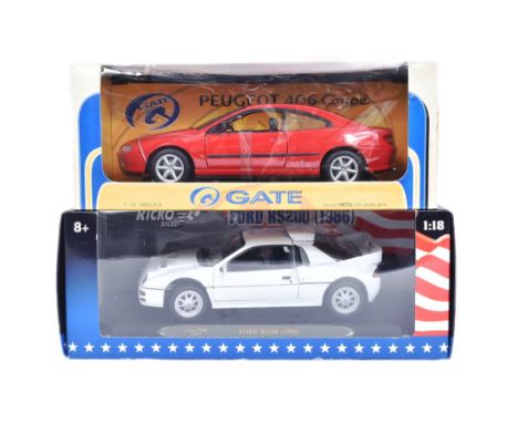 Diecast - x2 1/18 scale diecast model cars comprising; Ricko Ford RS200 (1986) and Gateway Peugeot 405 Coupe. Highly detailed