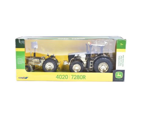 Diecast - a Limited Edition Britains made 1/32 scale diecast model set of x2 gold coloured John Deere tractors. The set title