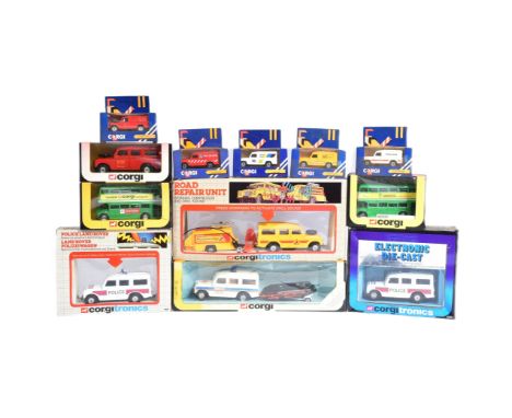 Diecast - a collection of vintage Corgi diecast models to include; Corgitronics (x2 Police Land Rovers and Road Repair Unit),