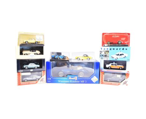 Diecast - a collection of assorted diecast model cars of various scales and makers to include; Revell 1/18 scale Wiesmann Roa