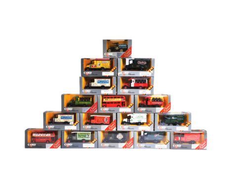 Diecast - a collection of x17 vintage Corgi diecast models to include; C821 1929 Thornycroft, C634 London Bus, C906/7 Mack Tr