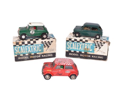 Scalextric - x3 vintage Triang Scalextric slot car racing car minis comprising; C76 Austin Mini Cooper, and x2 C7 Rally Mini 