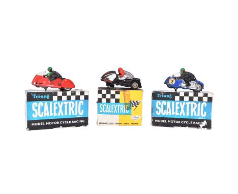 Scalextric - x3 vintage Triang Scalextric slot car racing motorcycle side cars comprising x2 Typhoons (blue, red) and one red